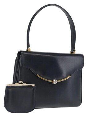 GUCCI Hand Bag Leather Navy Gold 000 056 0017 Auth 171384